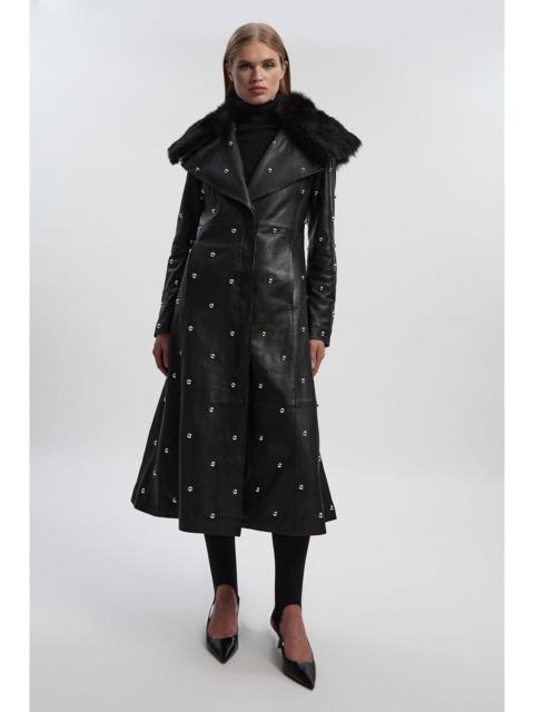 KAREN MILLEN Leather & Shearling Collar Studded Belted Maxi Coat