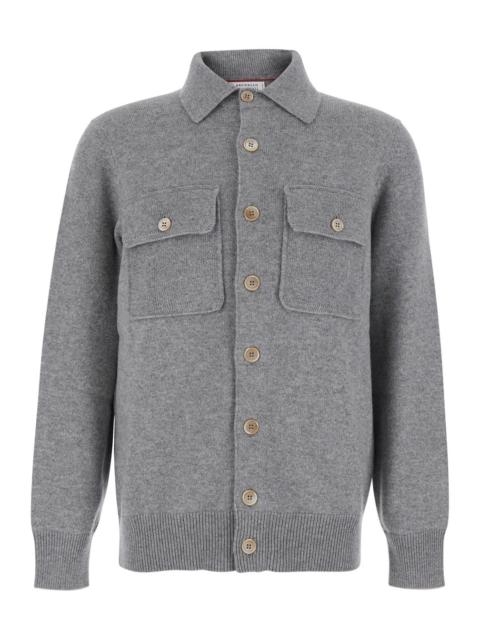 Brunello Cucinelli Brunello Cucinelli Men Grey Cardigan With Classic Collar And Patch Pockets On The Front In Cashmere 