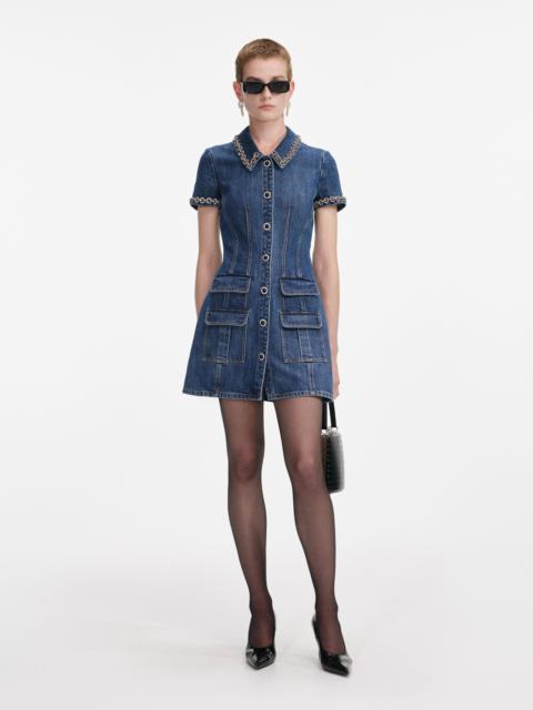 self-portrait Denim Crystal Trim Collared Mini Dress