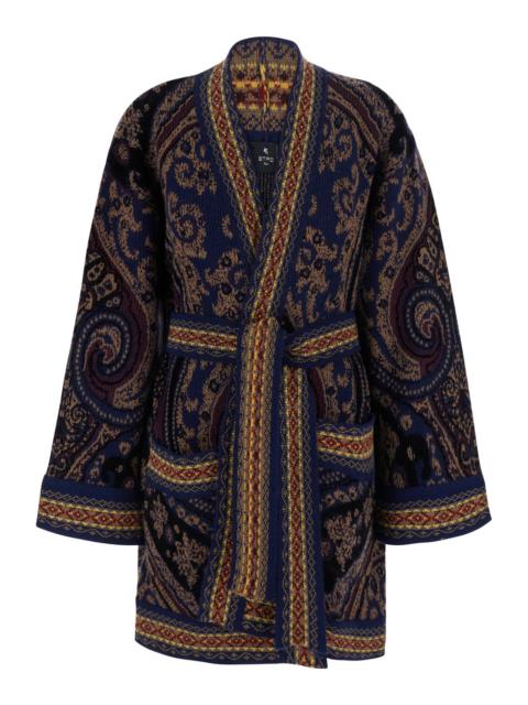 Etro Etro Women Multicolor Cardigan With Belt On The Front And All-Over Geometric Embroidery In Wool Blen