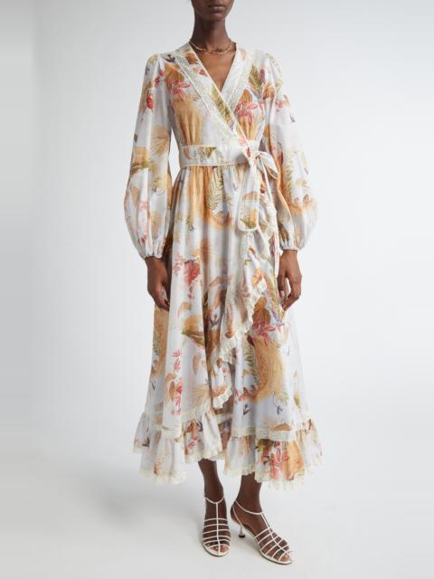 Zimmermann Zimmermann Ascension Frill Lace Trim Floral Long Sleeve Maxi Dress in Light Blue Palm Floral at Nord