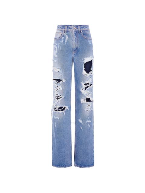 Rabanne Ladies Blue Ripped-Detailing Cotton Wide-Leg Jeans