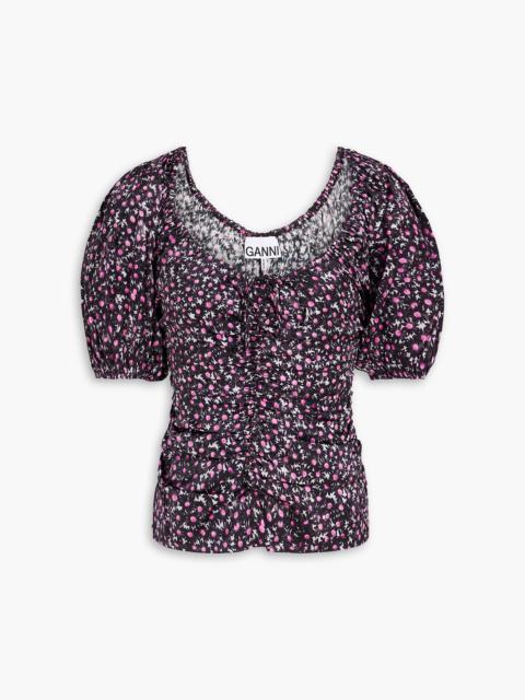 GANNI Ruched floral-print stretch-silk satin top