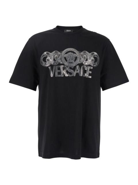 Versace Men Black T-Shirt With Medusa Head Logo Print On The Front In Cotton Man