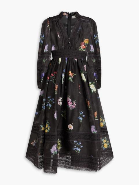 Zimmermann Floral-print corded lace-paneled linen and silk-blend midi dress