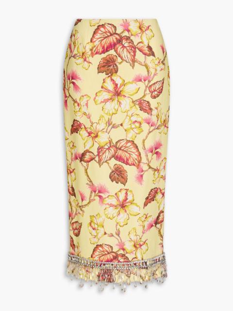 Zimmermann Embellished floral-print linen midi pencil skirt