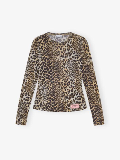GANNI LEOPARD PRINTED MESH LONG SLEEVE BLOUSE