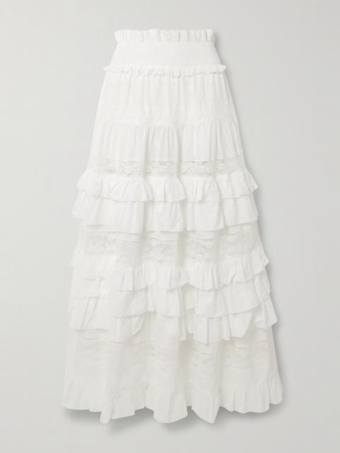 LORETTA CAPONI Tina Tiered Ruffled Lace-trimmed Broderie Anglaise Cotton Maxi Skirt