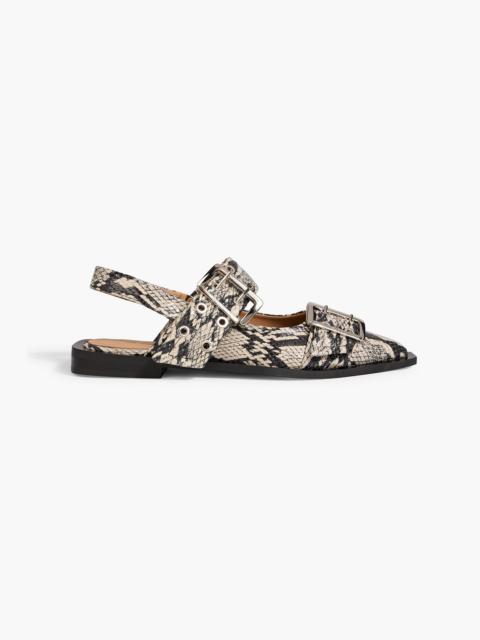 GANNI Buckled snake-effect slingback point-toe flats