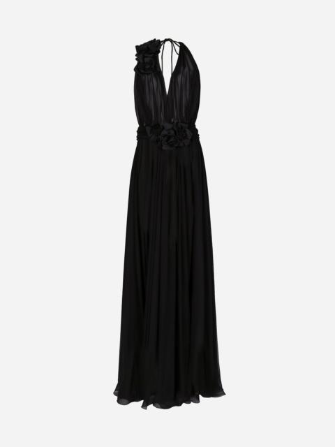 Dolce & Gabbana Long silk chiffon dress with floral appliqué
