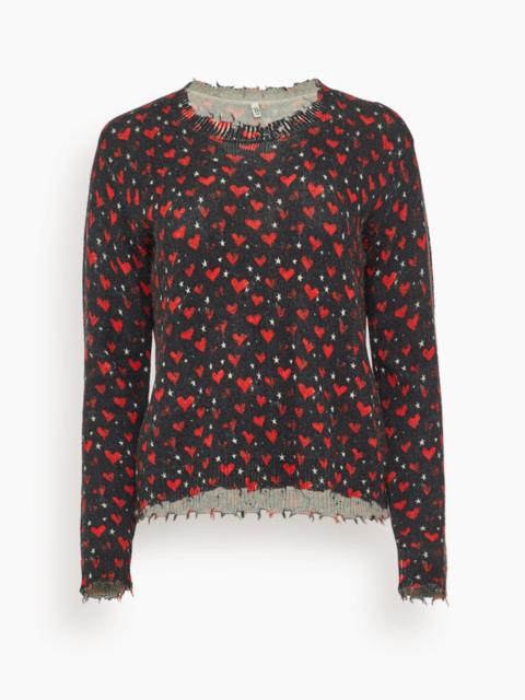 R13 Printed Relaxed Crewneck Sweater in Red Hearts on Black
