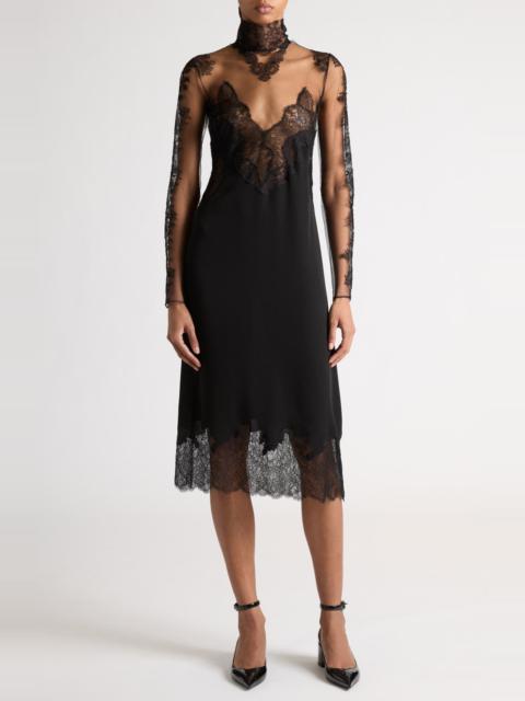 Valentino Garavani Sheer Floral Lace Inset Long Sleeve Midi Dress in Nero at Nordstrom