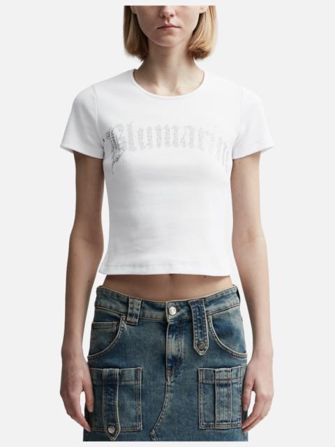 Blumarine RIBBED T-SHIRT WITH BLUMARINE LOGO IN RHINESTONES
