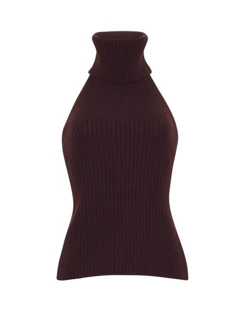 Cara Cara Samson Top
Statement Elegance: Form-Fitting Ribbed Knit Halter with an Open Back and Luxurious Overs