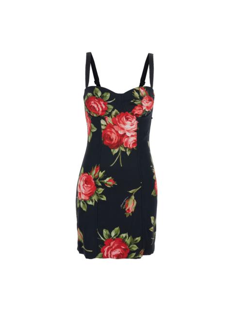 Dolce & Gabbana Black Short Dress With Floral Print In Viscose Woman