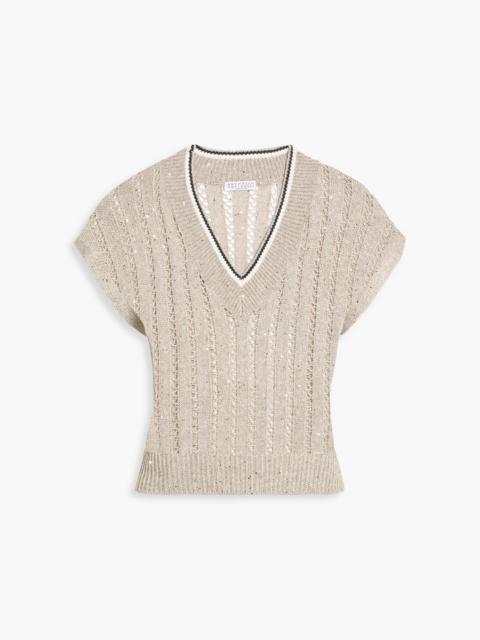 Brunello Cucinelli Sequin-embellished open-knit linen-blend top