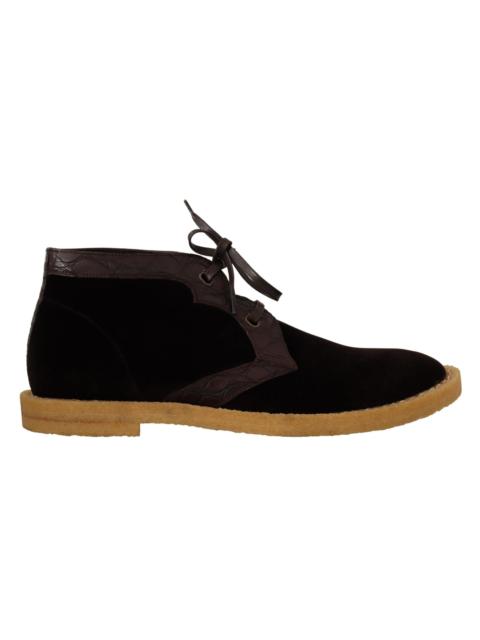 Dolce & Gabbana Brown Velvet Exotic Leather Boots