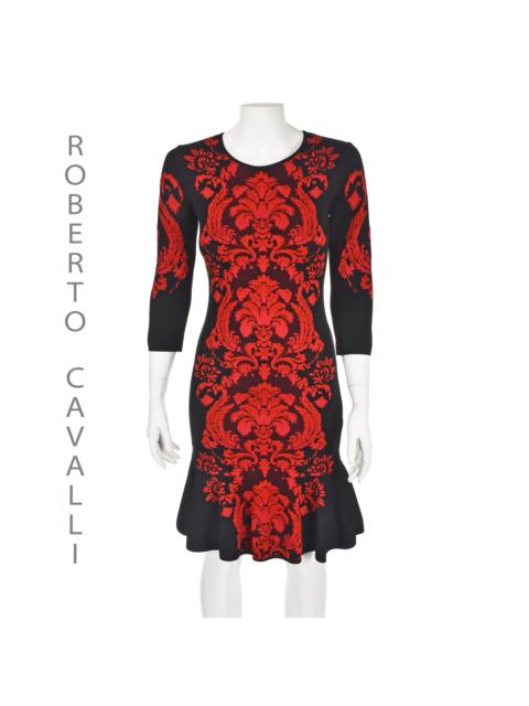 Roberto Cavalli Red and Black Knit Mini Dress with Flounce 