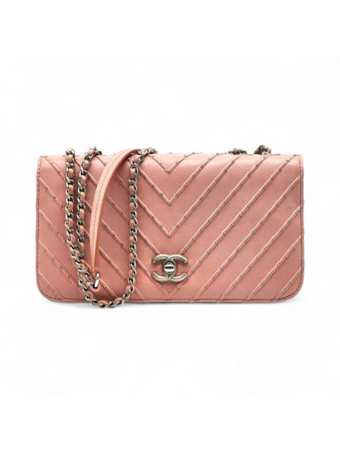 CC Clasp Medium Calf Leather Flap Bag Studded Chevron Pink