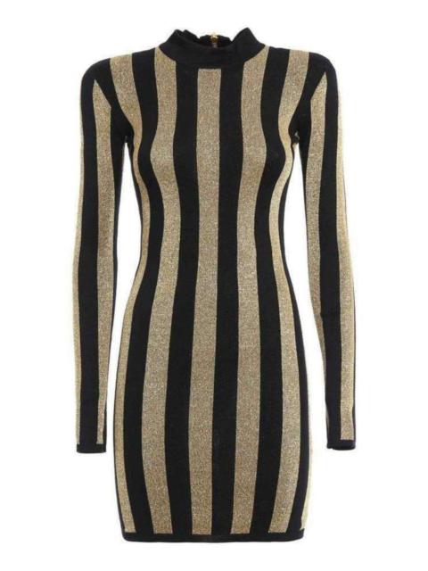 Balmain Lurex Gold Black Striped Pattern Mini Dress