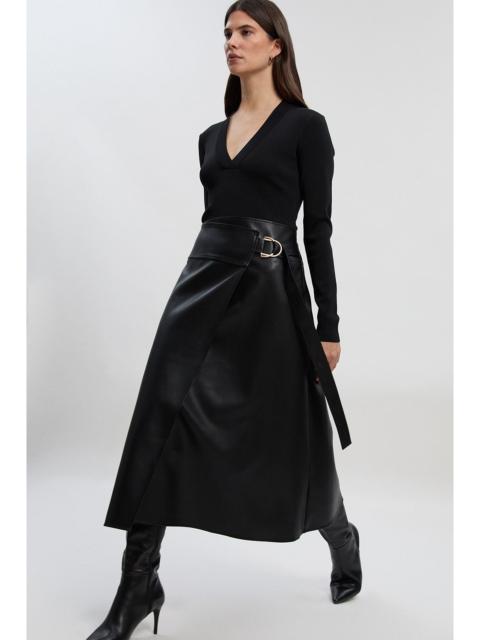 KAREN MILLEN Figure Form Pu Mix Tab Detail Pleated Knit Midi Dress