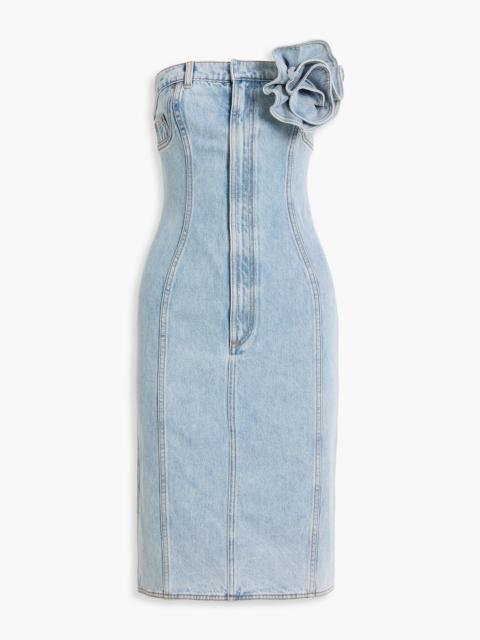 AREA Strapless floral-appliquéd denim dress