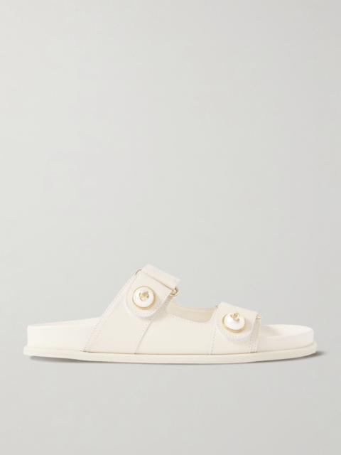 JIMMY CHOO Fayence faux pearl-embellished leather slides White