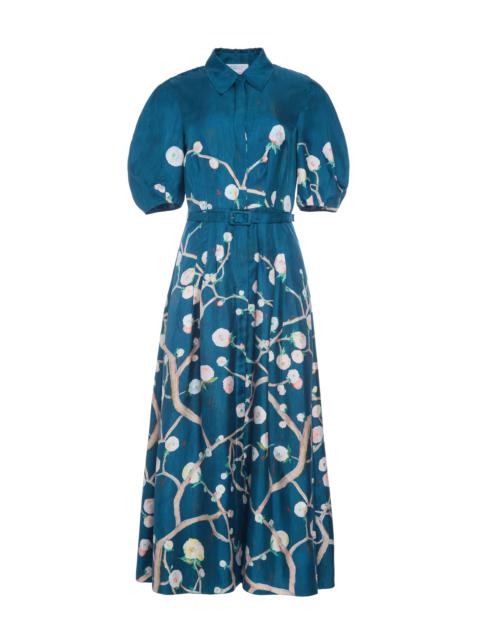 Maude Pleated Midi Shirtdress in Blue Multi Printed Silk Twill