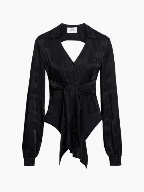 Other Designers Cutout belted satin-jacquard bodysuit