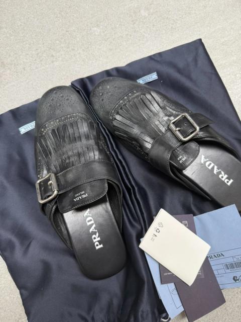 Prada Prada Shuffle Antiqued Leather Mules with Buckled Strap and Fringe