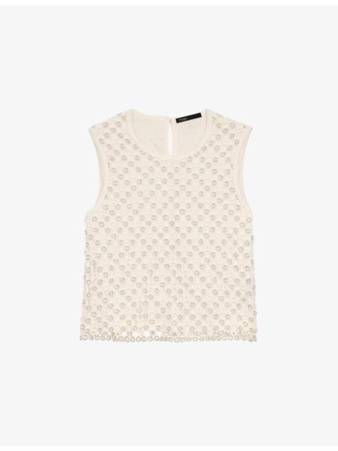maje Bead-Embellished Crochet-Overlay Woven Top