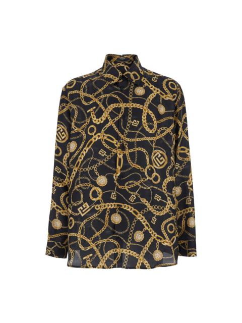 Balmain Black Shirt With Pointed Collar And Chain Print With Logo In Silk Man