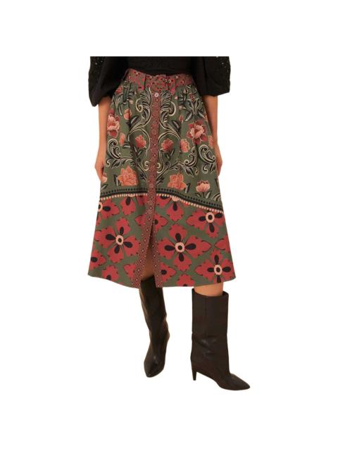 FARM RIO Farm Rio Arabesque Floral Green Buttons Midi Skirt