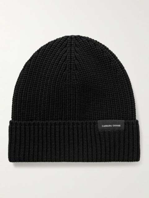 Canada Goose Logo-Appliquéd Ribbed Wool Beanie Black