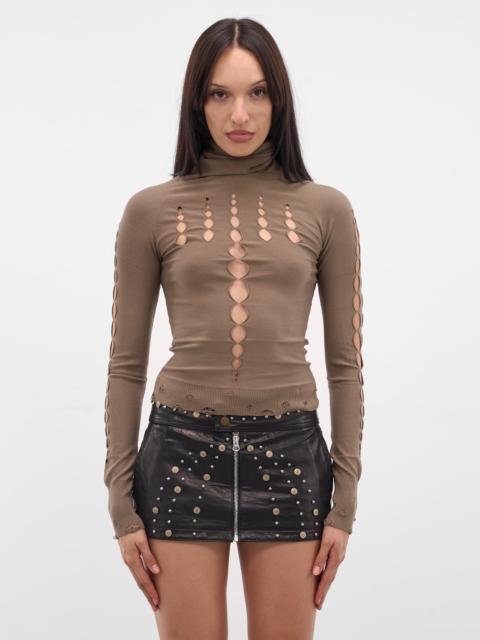 RUI Taupe Cut-Out Distressed Turtleneck