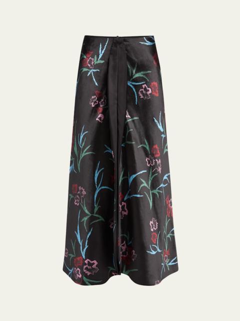 GIORGIO ARMANI Floral Printed Maxi Silk Skirt with Pleated Center Panel