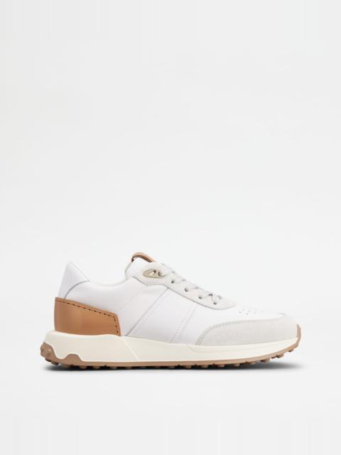 Tod's SNEAKERS IN LEATHER AND TECHNICAL FABRIC - WHITE, BROWN