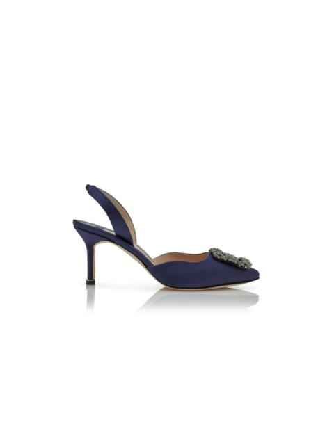 Manolo Blahnik Navy Blue Satin Jewel Buckle Slingback Pumps