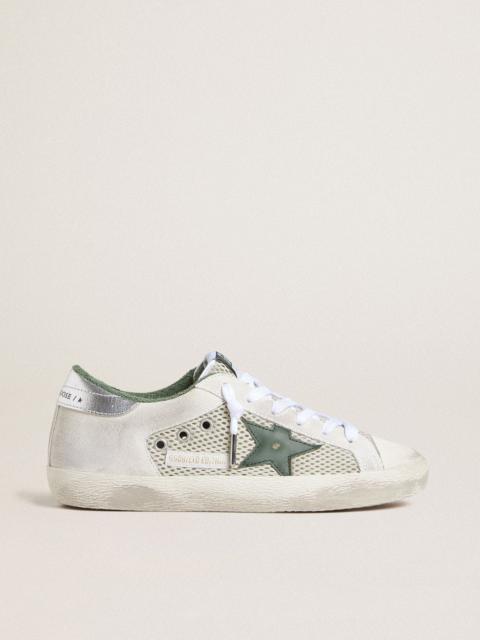 Golden Goose Women’s Super-Star in white suede and mesh with green leather star and silver foiled leather heel ta
