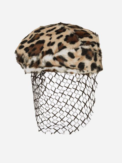 Leopard-print goatskin flat cap with veil