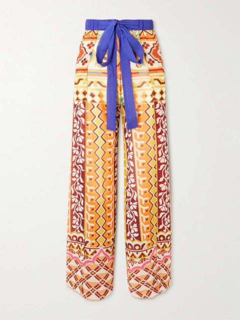Belted printed satin-jacquard wide-leg pants Multi