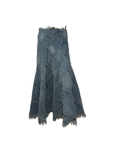 Junya Watanabe JUNYA WATANABE Spring Summer 2002 Patchwork Flared Denim Maxi Skirt with Frayed Hem
