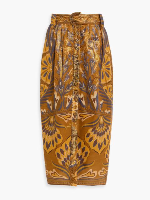 FARM RIO Belted metallic printed cotton-blend midi skirt