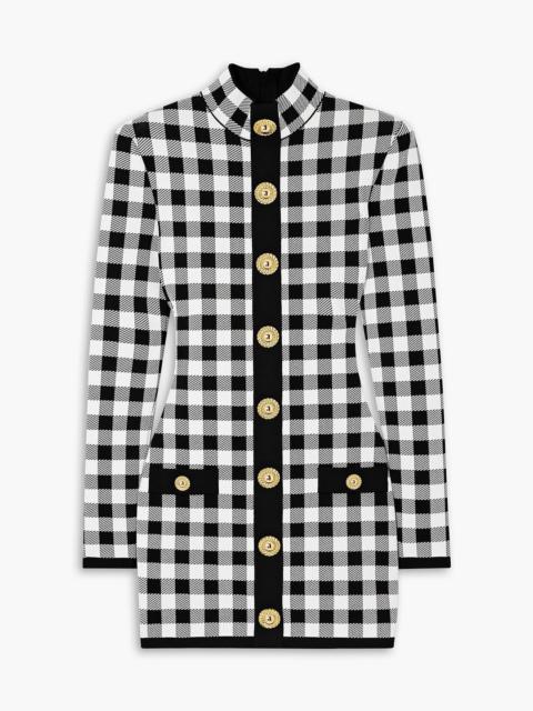 Balmain Button-embellished gingham jacquard-knit mini dress