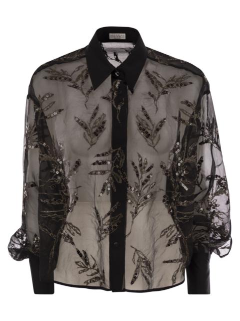 Brunello Cucinelli Women Crispy Silk Shirt With Glistening Flora Embroidery