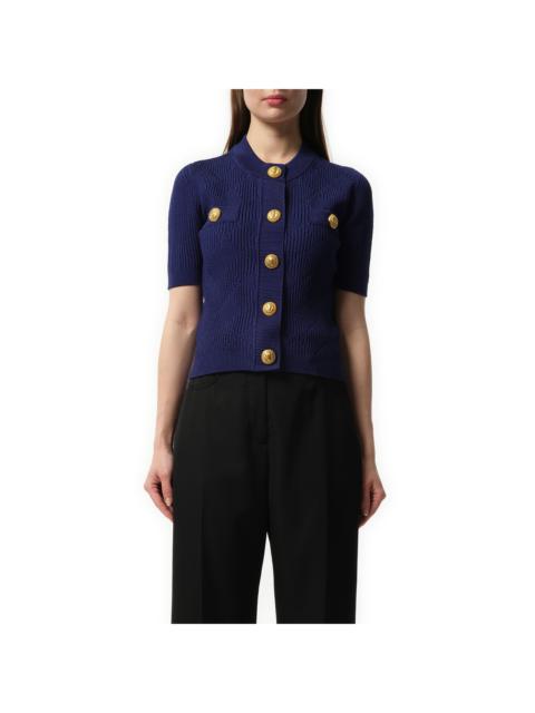 Balmain Buttoned 2 Pockets Vichy Knit Cardigan in Midnight Blue