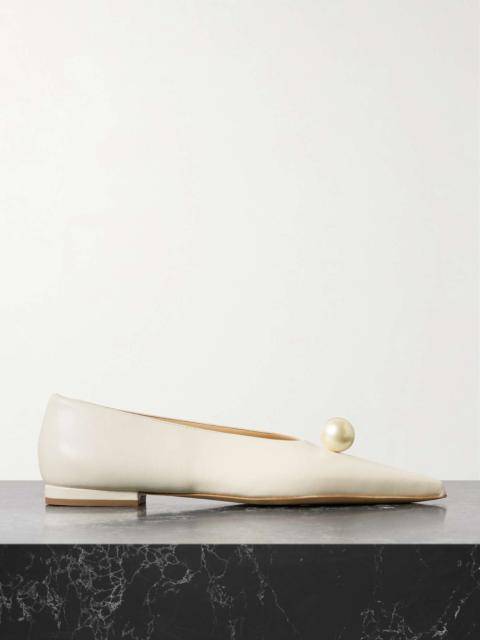 Faux pearl-embellished leather point-toe flats Cream