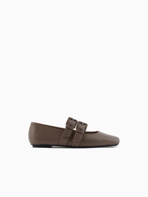 EMPORIO ARMANI NAPPA-LEATHER SQUARE-TOED BALLERINAS WITH DOUBLE STRAP