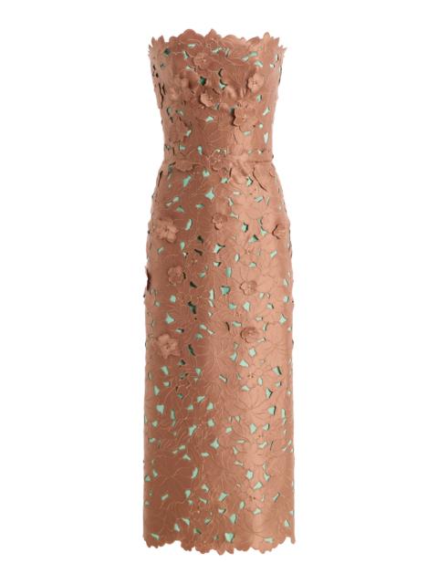 COSTARELLOS Zira Strapless Floral-Cut Lace Midi Dress brown