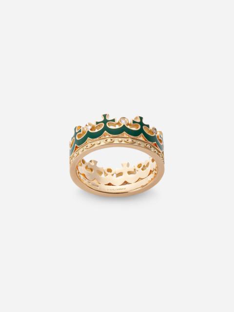 Dolce & Gabbana Crown yellow gold ring with green enamel crown and diamonds